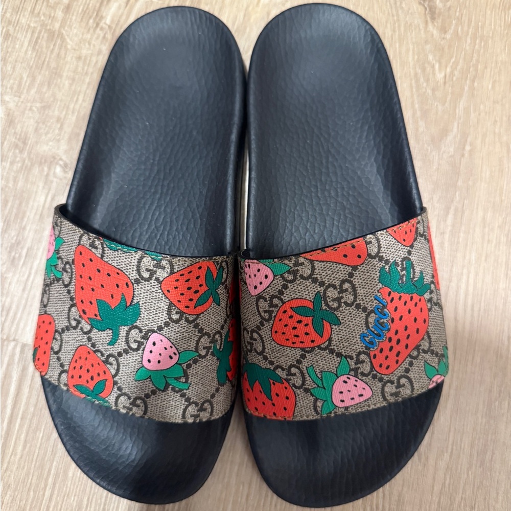 Gucci Black and Red Strawberry Slide Sandals
